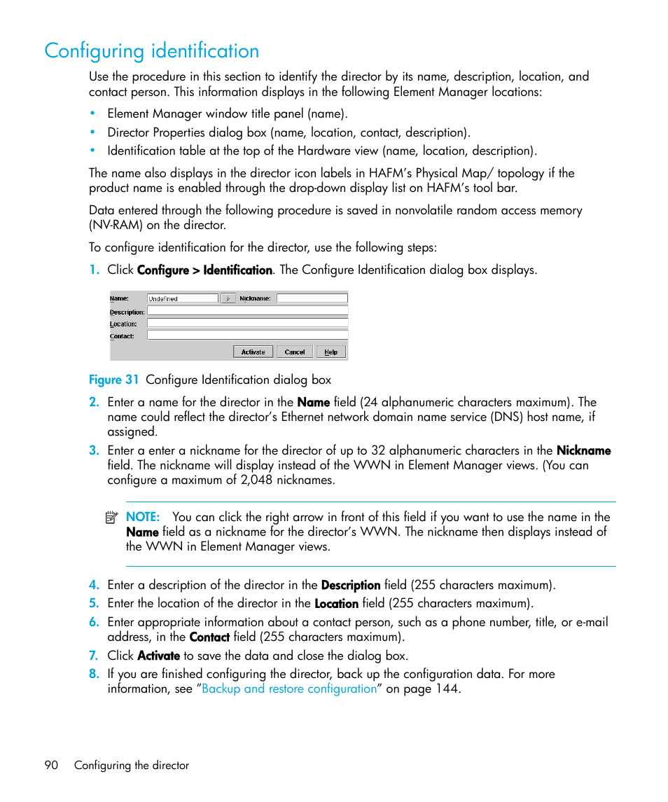 Configuring identification, Figure 31 configure identification dialog box, 31 configure identification dialog box | HP StorageWorks 2.64 Director Switch User Manual | Page 90 / 216