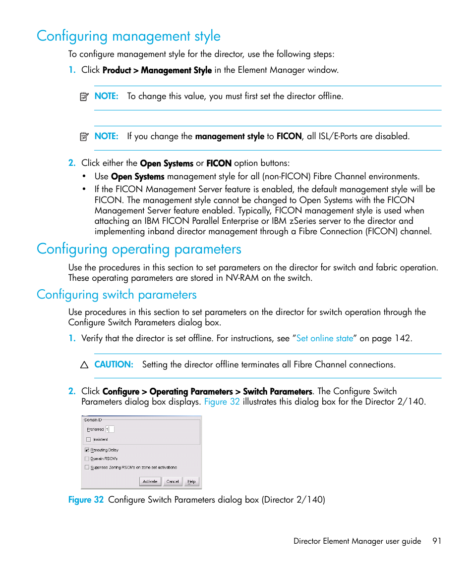 Configuring management style, Configuring operating parameters, Configuring switch parameters | HP StorageWorks 2.64 Director Switch User Manual | Page 91 / 216