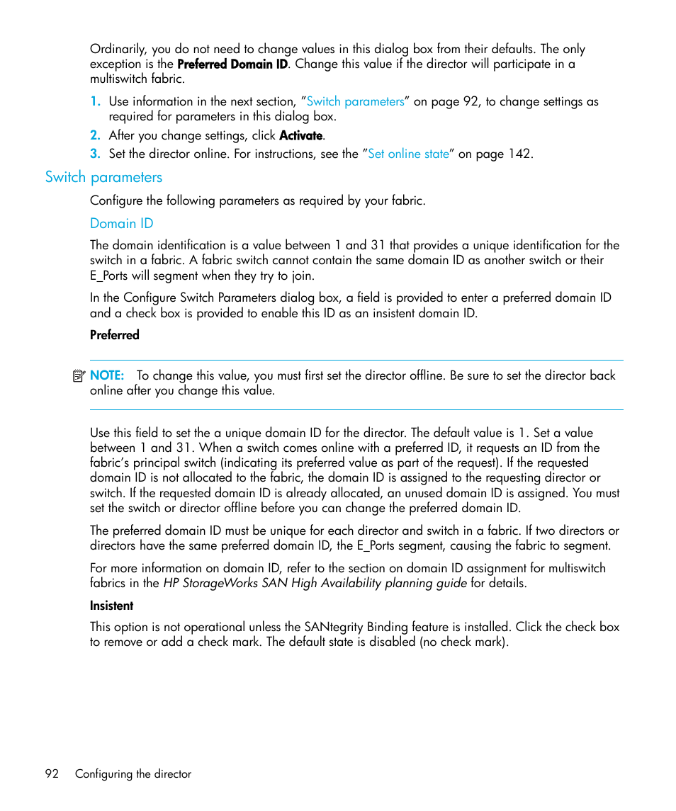 Switch parameters, Domain id, Preferred | Insistent | HP StorageWorks 2.64 Director Switch User Manual | Page 92 / 216