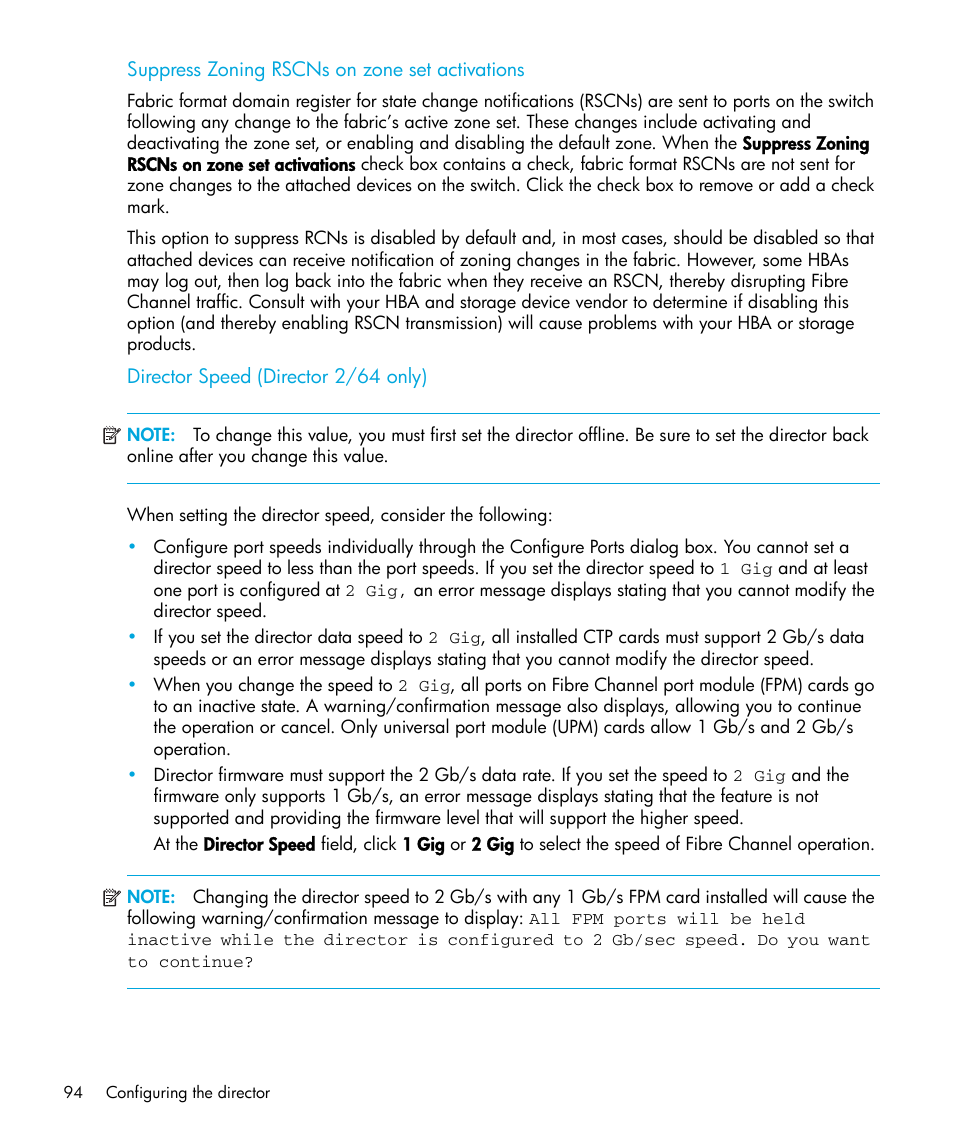 Suppress zoning rscns on zone set activations, Director speed (director 2/64 only) | HP StorageWorks 2.64 Director Switch User Manual | Page 94 / 216