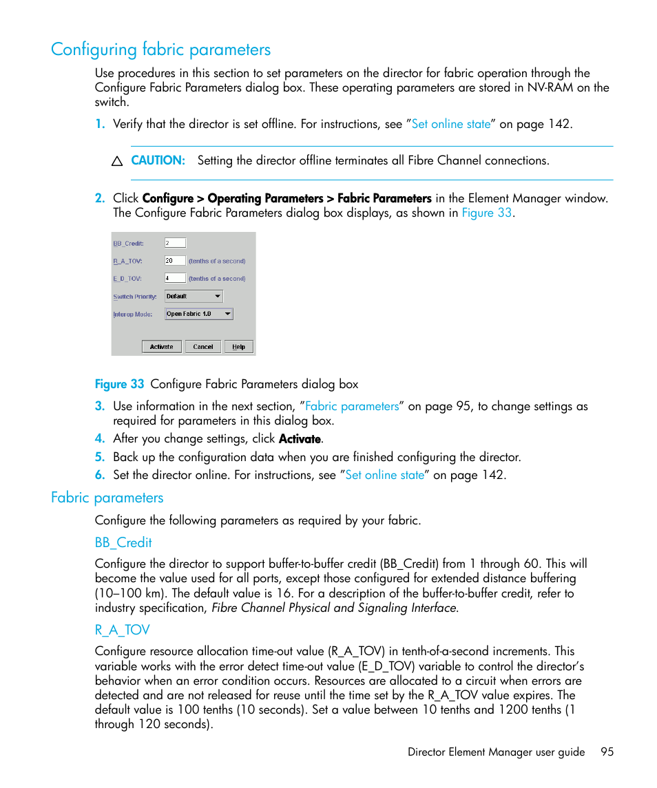 Configuring fabric parameters, Figure 33 configure fabric parameters dialog box, Fabric parameters | Bb_credit, R_a_tov, 33 configure fabric parameters dialog box, Configuring fabric, Parameters | HP StorageWorks 2.64 Director Switch User Manual | Page 95 / 216