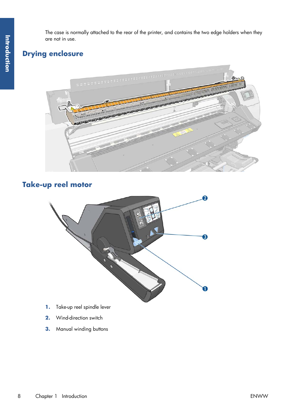 Drying enclosure, Take-up reel motor, Drying enclosure take-up reel motor | HP Latex 210 Printer User Manual | Page 12 / 95