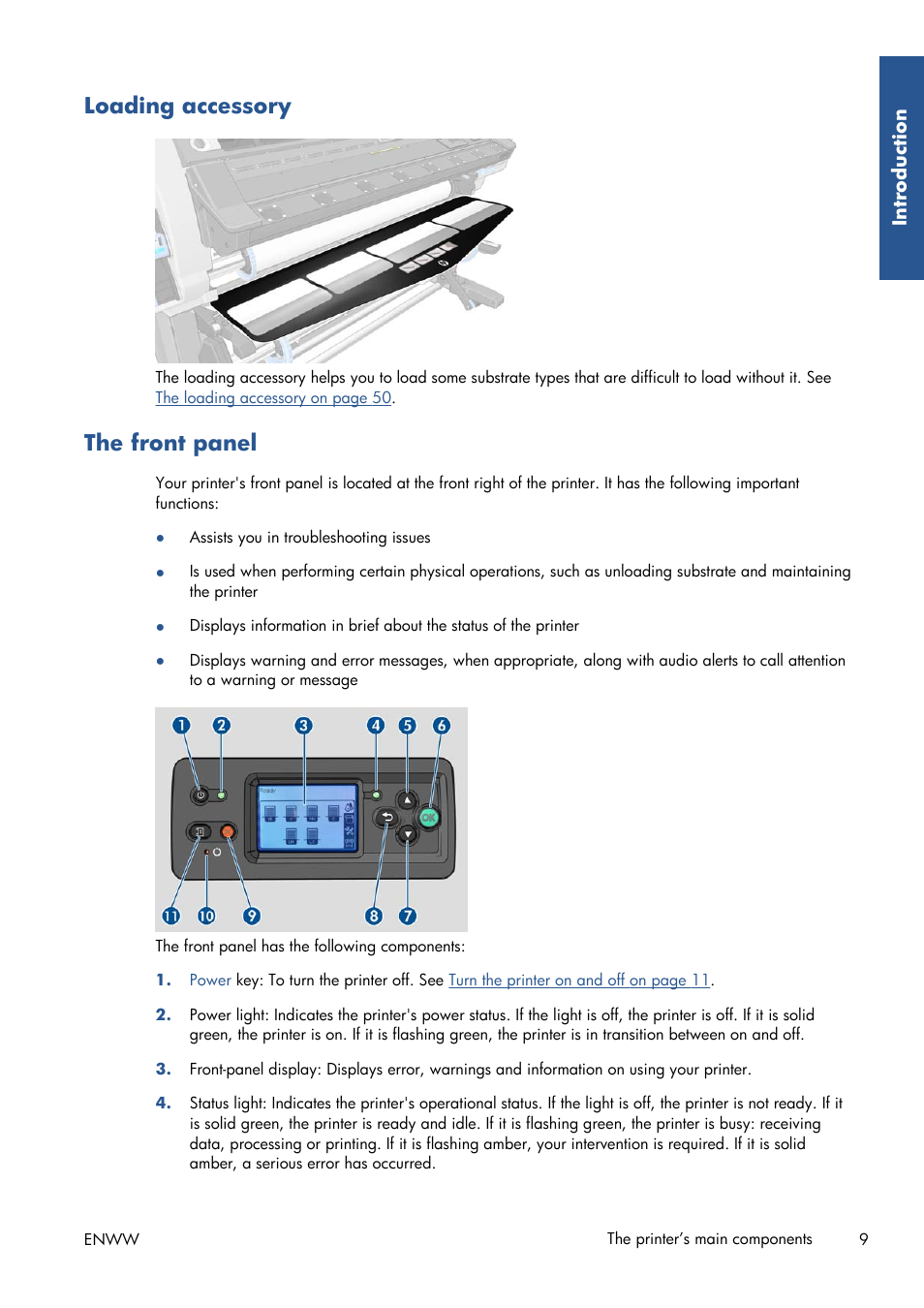 Loading accessory, The front panel | HP Latex 210 Printer User Manual | Page 13 / 95