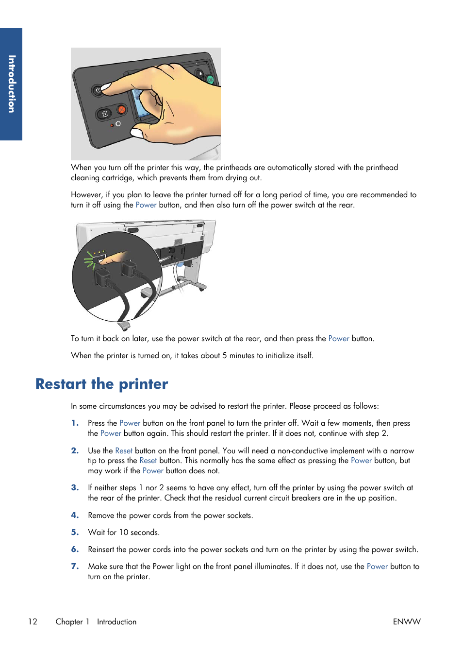 Restart the printer | HP Latex 210 Printer User Manual | Page 16 / 95