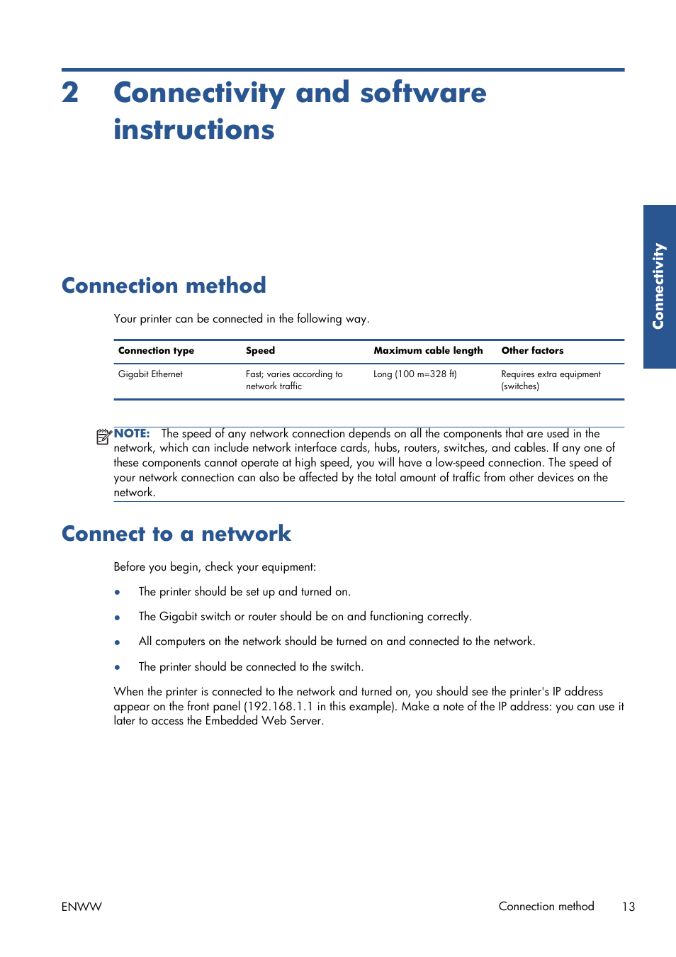 Connectivity and software instructions, Connection method, Connect to a network | 2 connectivity and software instructions, Connection method connect to a network | HP Latex 210 Printer User Manual | Page 17 / 95