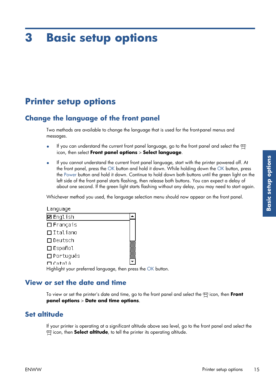Basic setup options, Printer setup options, Change the language of the front panel | View or set the date and time, Set altitude, 3 basic setup options | HP Latex 210 Printer User Manual | Page 19 / 95