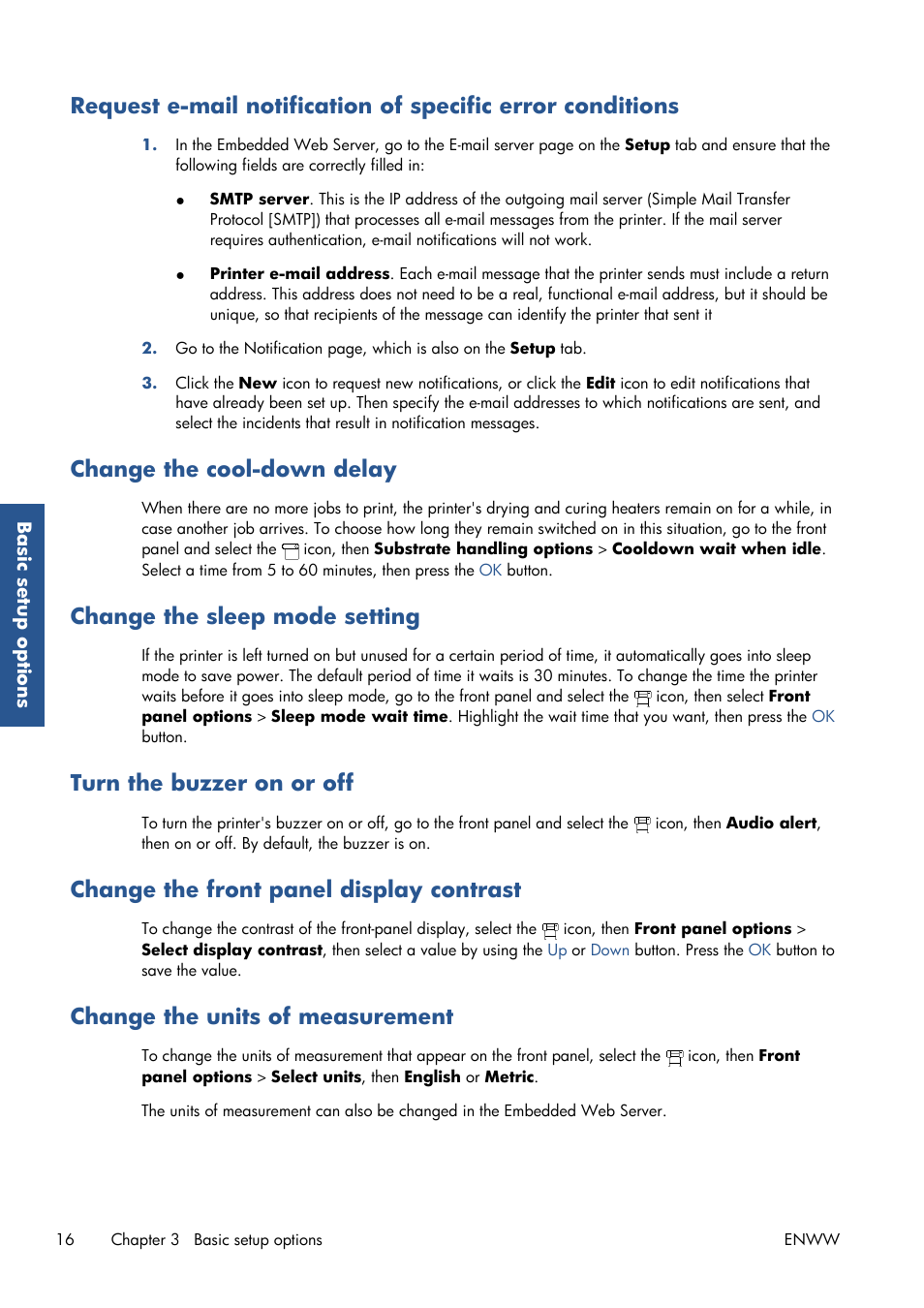 Change the cool-down delay, Change the sleep mode setting, Turn the buzzer on or off | Change the front panel display contrast, Change the units of measurement | HP Latex 210 Printer User Manual | Page 20 / 95