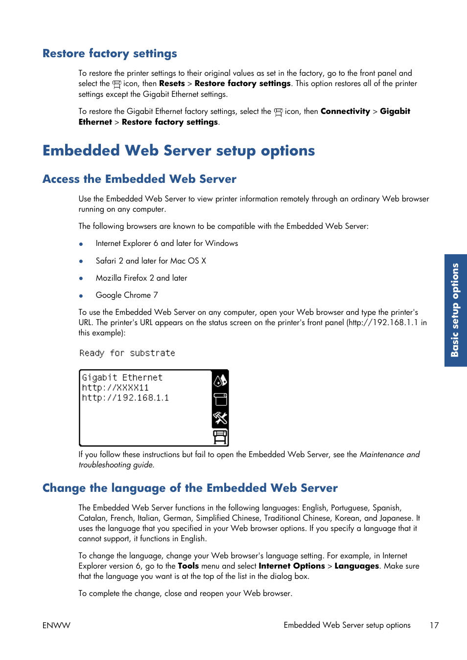 Restore factory settings, Embedded web server setup options, Access the embedded web server | Change the language of the embedded web server | HP Latex 210 Printer User Manual | Page 21 / 95
