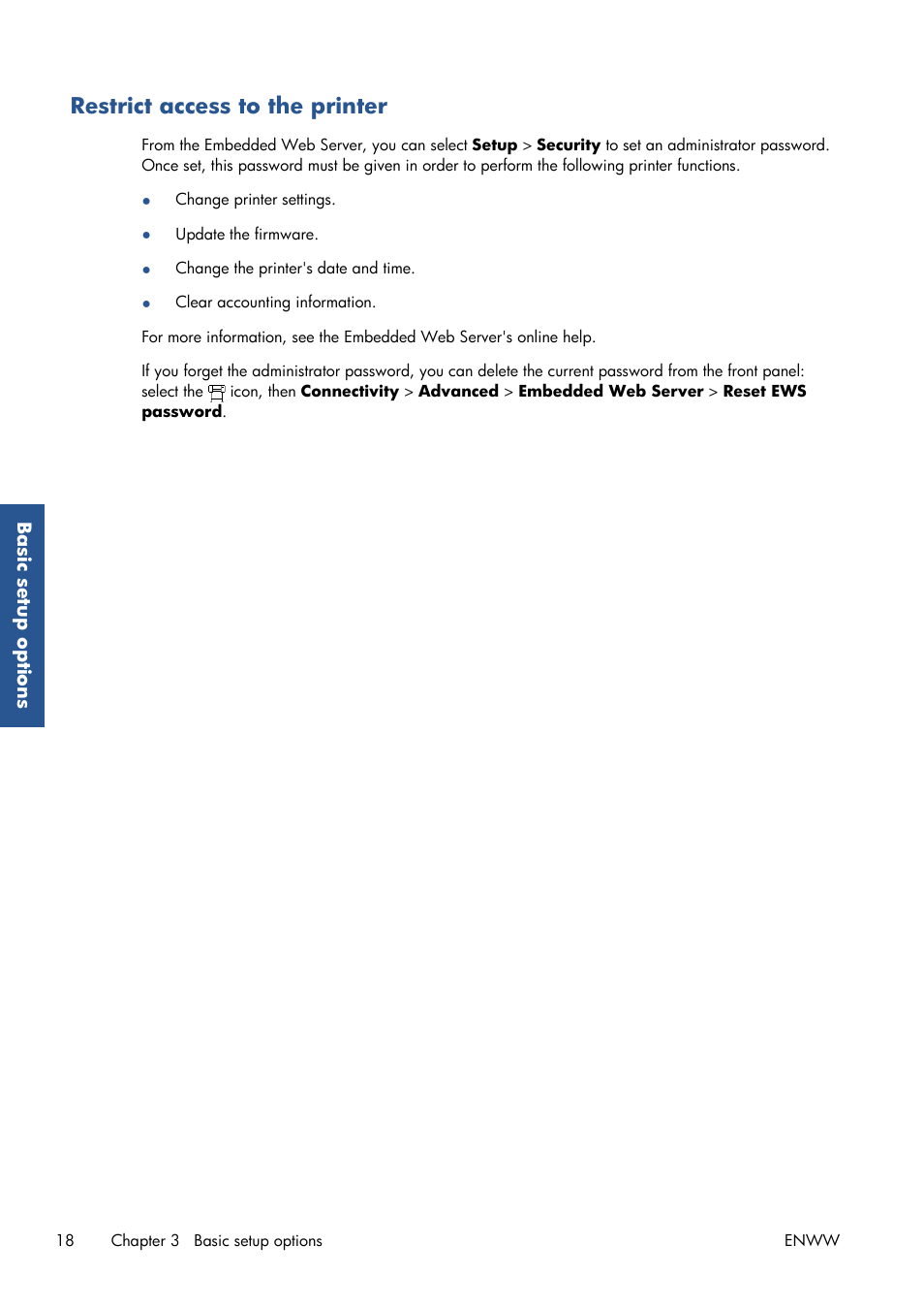 Restrict access to the printer | HP Latex 210 Printer User Manual | Page 22 / 95