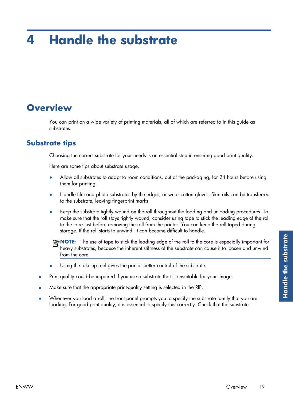 Handle the substrate, Overview, Substrate tips | 4 handle the substrate | HP Latex 210 Printer User Manual | Page 23 / 95