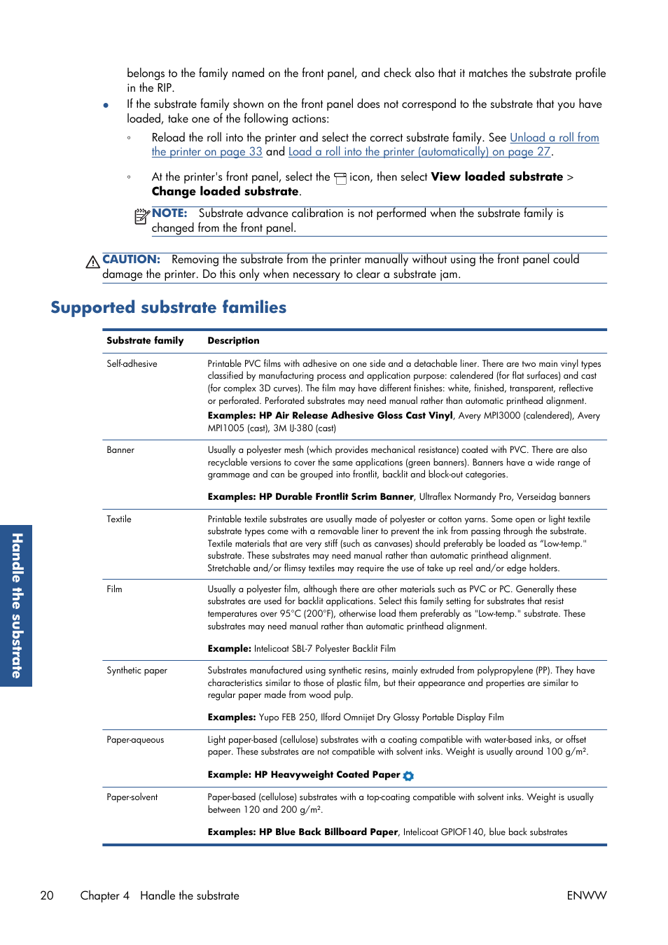 Supported substrate families, Handle the substrate | HP Latex 210 Printer User Manual | Page 24 / 95