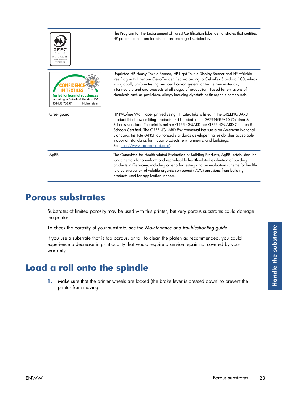 Porous substrates, Load a roll onto the spindle, Porous substrates load a roll onto the spindle | HP Latex 210 Printer User Manual | Page 27 / 95