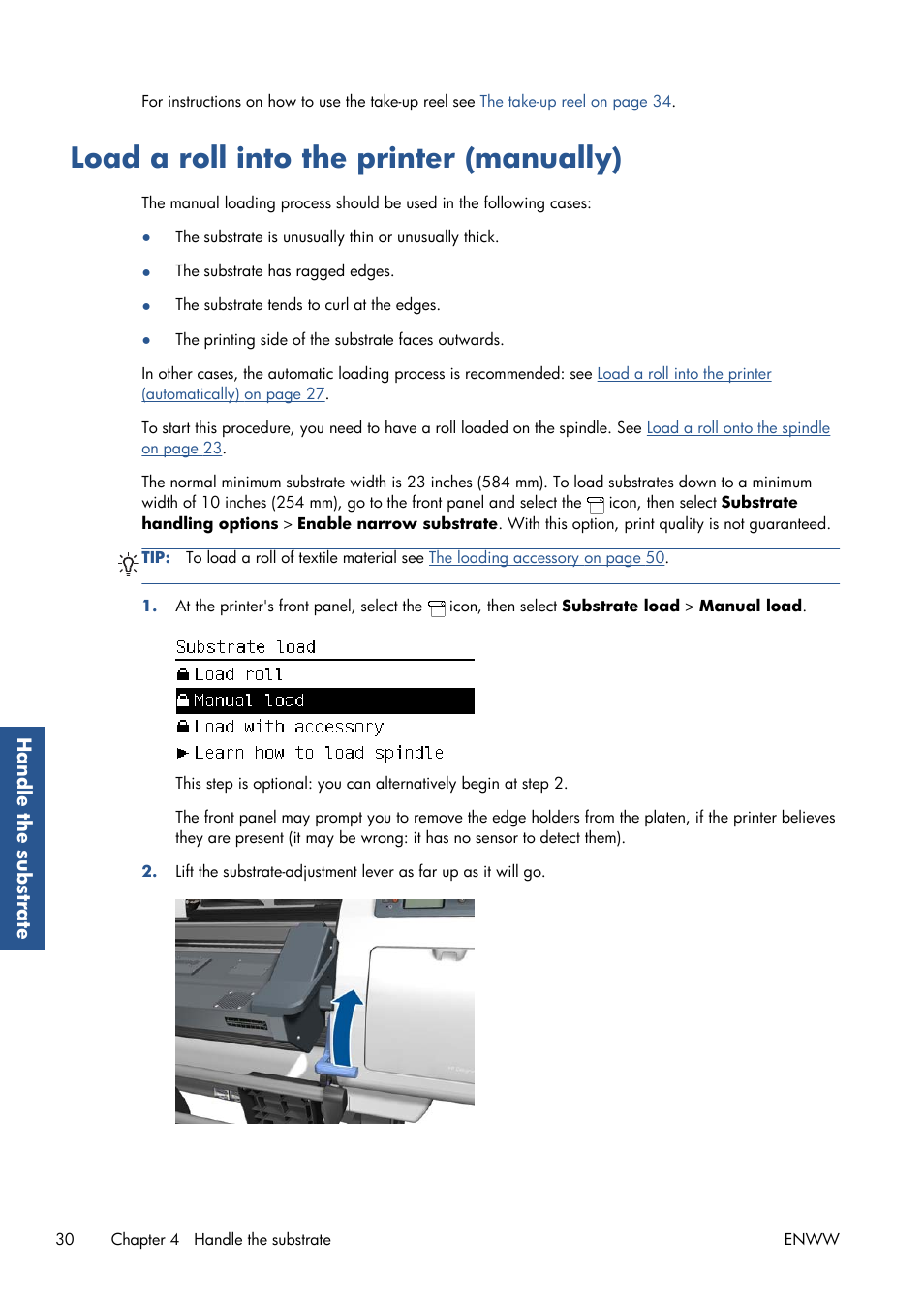 Load a roll into the printer (manually) | HP Latex 210 Printer User Manual | Page 34 / 95