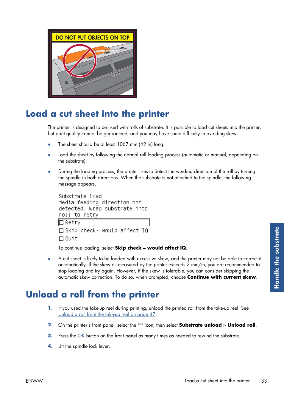 Load a cut sheet into the printer, Unload a roll from the printer | HP Latex 210 Printer User Manual | Page 37 / 95