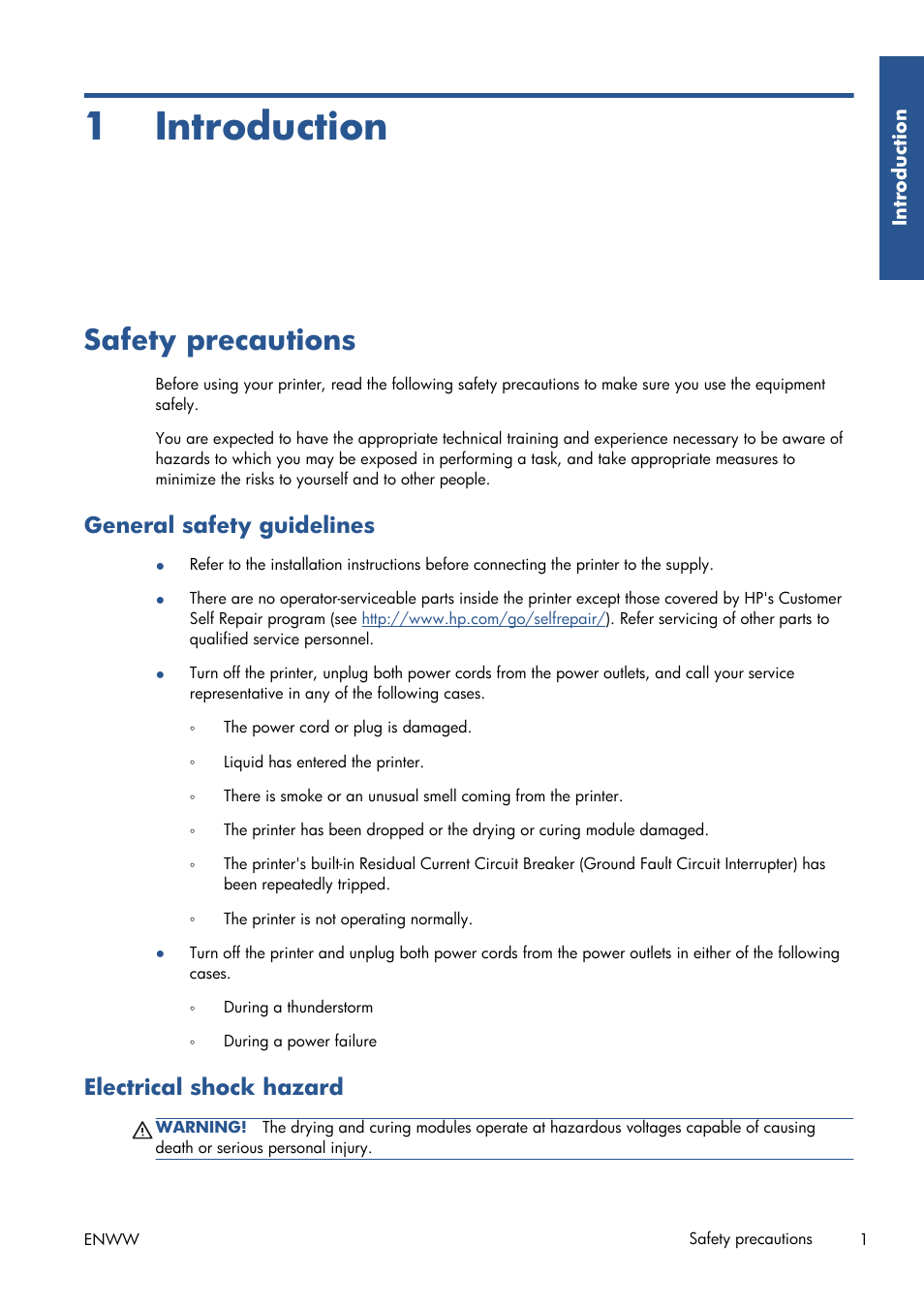 Introduction, Safety precautions, General safety guidelines | Electrical shock hazard, 1 introduction | HP Latex 210 Printer User Manual | Page 5 / 95