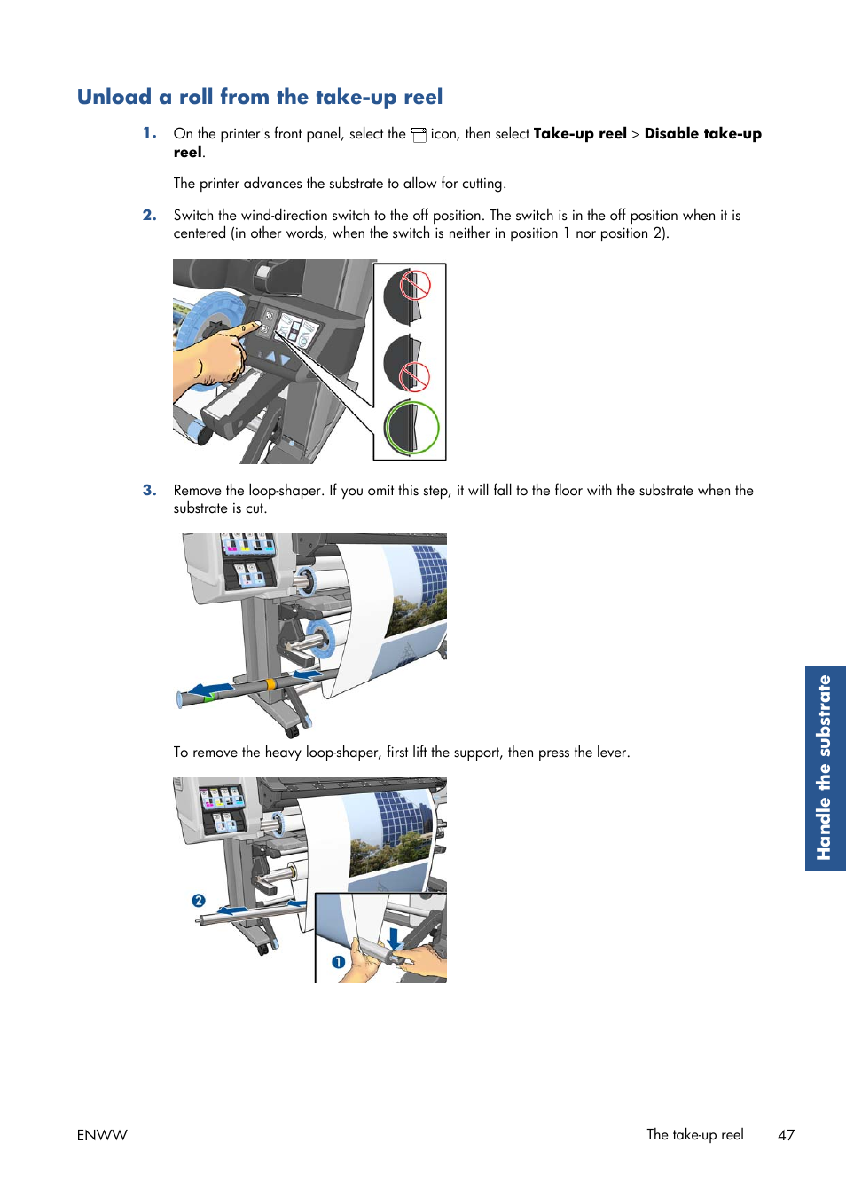 Unload a roll from the take-up reel | HP Latex 210 Printer User Manual | Page 51 / 95