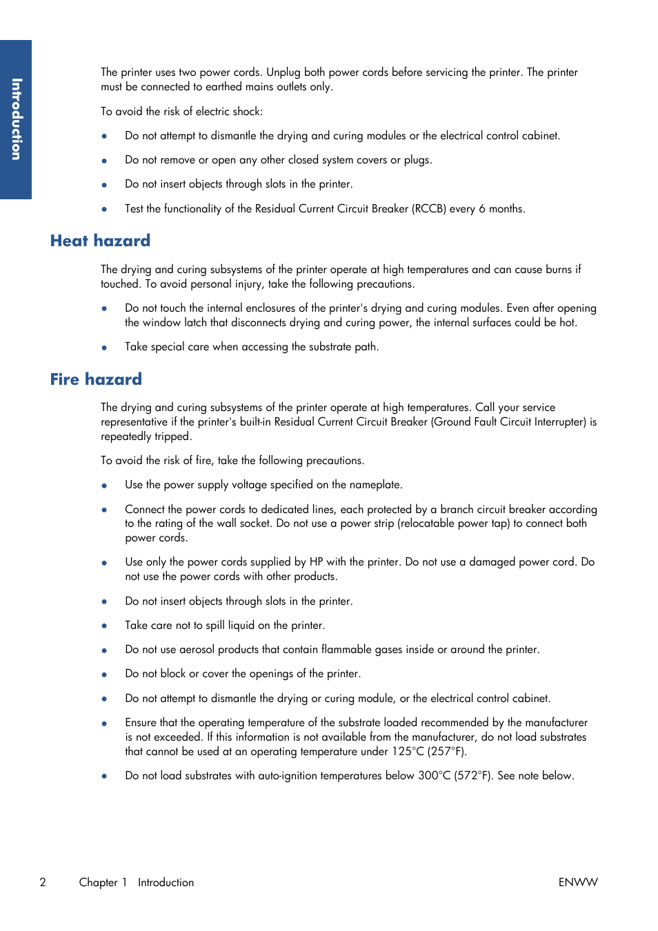 Heat hazard, Fire hazard | HP Latex 210 Printer User Manual | Page 6 / 95