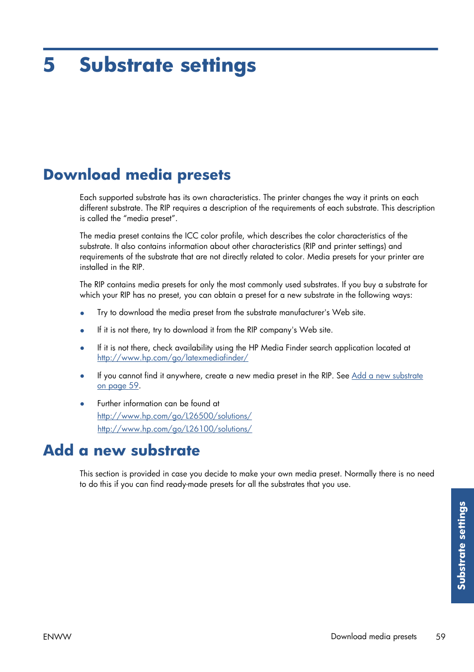 Substrate settings, Download media presets, Add a new substrate | 5 substrate settings | HP Latex 210 Printer User Manual | Page 63 / 95