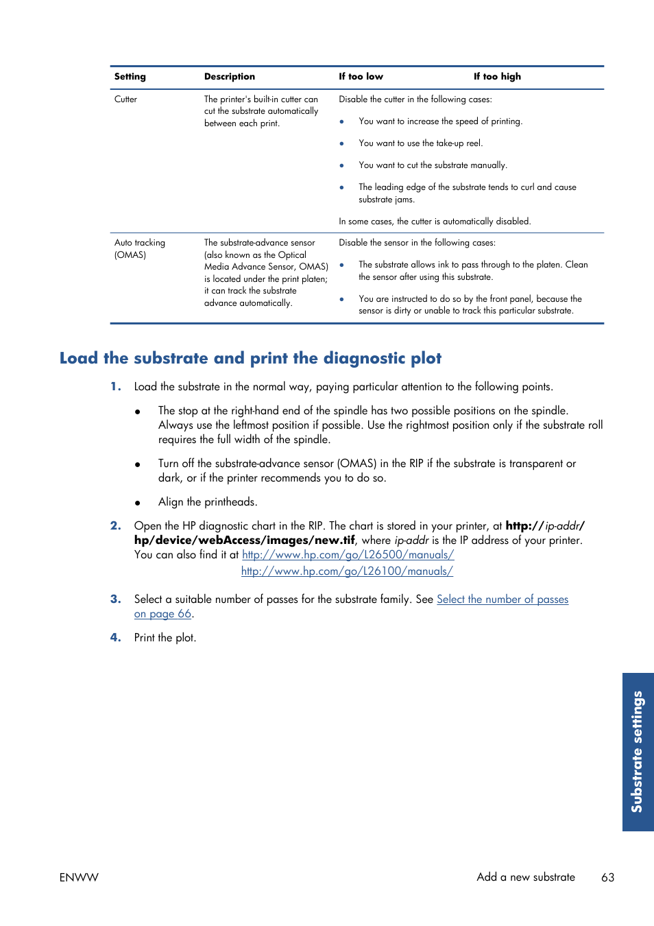 Load the substrate and print the diagnostic plot, Substrate settings | HP Latex 210 Printer User Manual | Page 67 / 95
