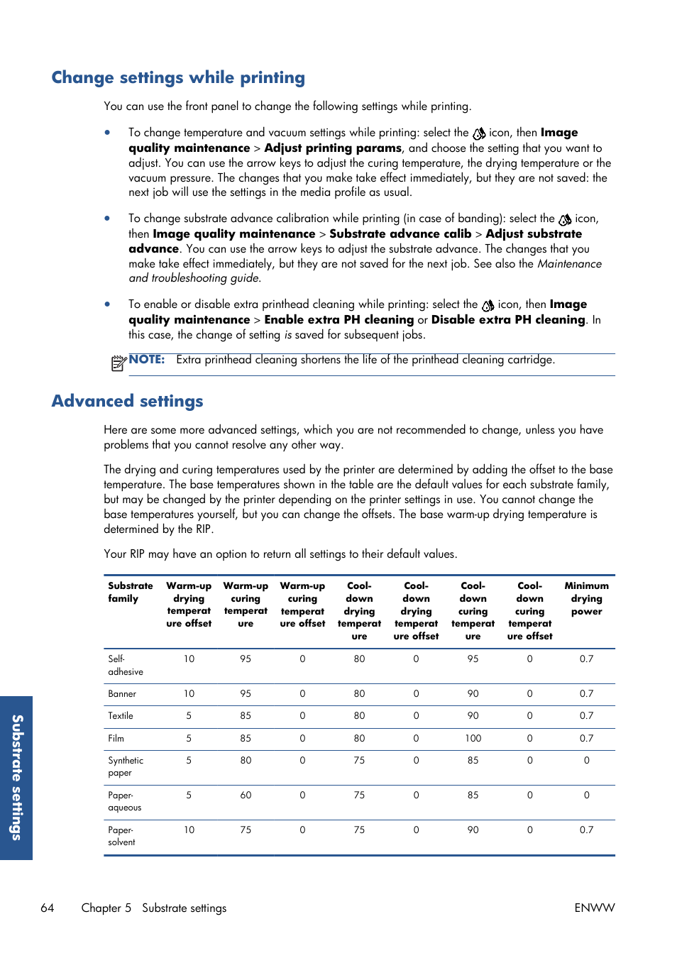 Change settings while printing, Advanced settings, Substrate settings | HP Latex 210 Printer User Manual | Page 68 / 95