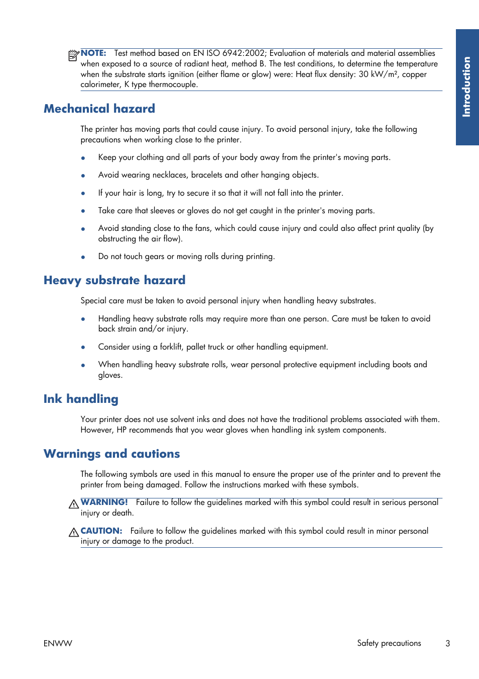 Mechanical hazard, Heavy substrate hazard, Ink handling | Warnings and cautions | HP Latex 210 Printer User Manual | Page 7 / 95