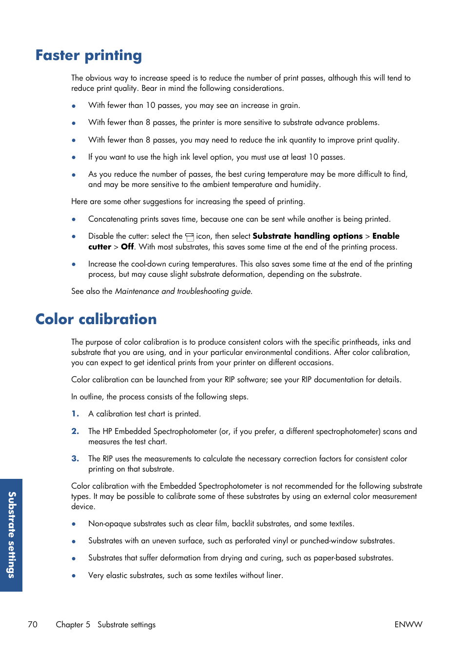 Faster printing, Color calibration, Faster printing color calibration | HP Latex 210 Printer User Manual | Page 74 / 95