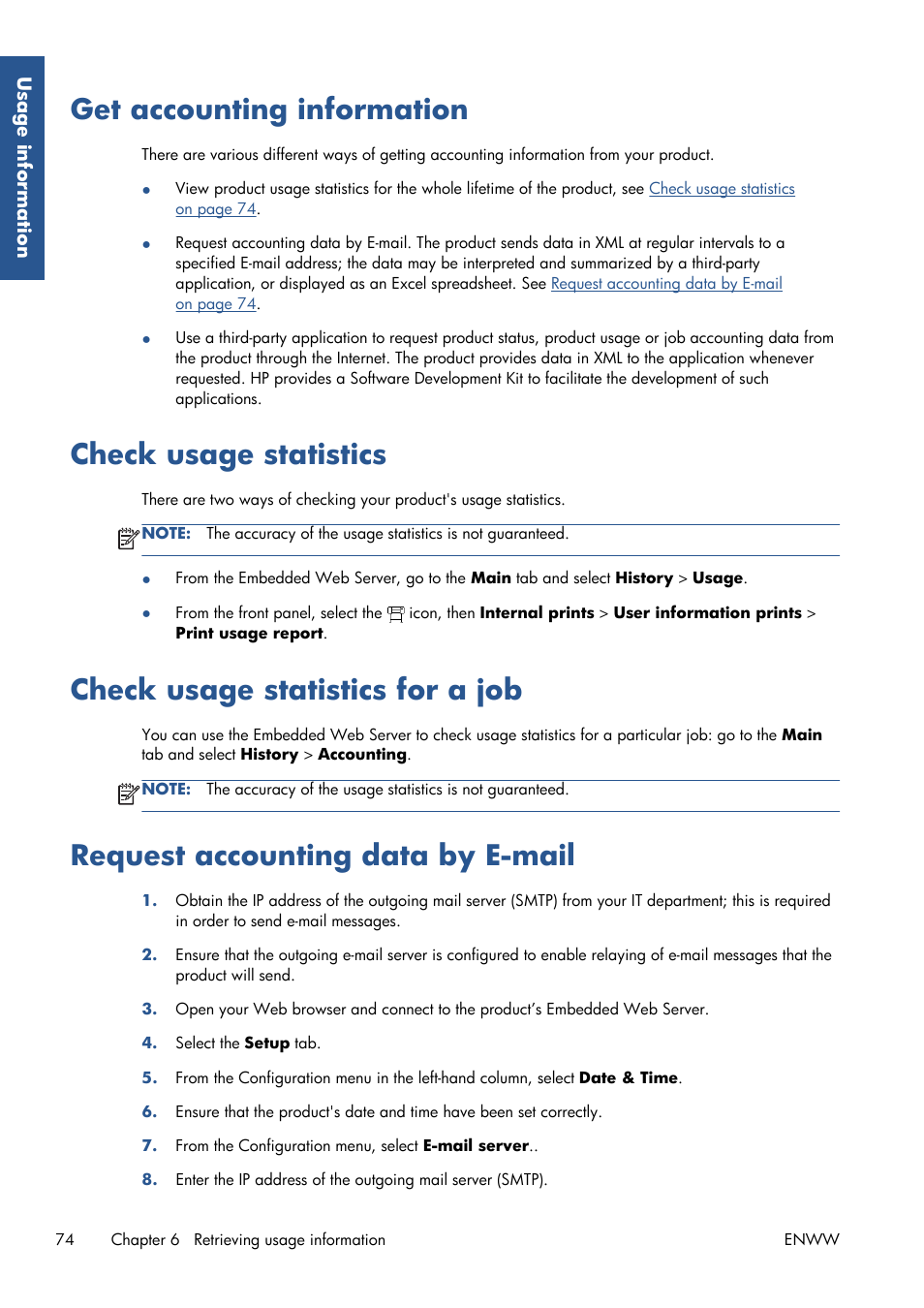 Get accounting information, Check usage statistics, Check usage statistics for a job | Request accounting data by e-mail | HP Latex 210 Printer User Manual | Page 78 / 95