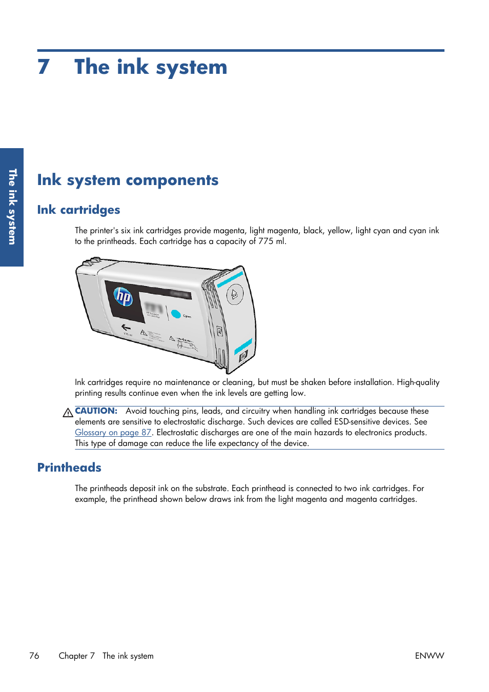 The ink system, Ink system components, Ink cartridges | Printheads, 7 the ink system | HP Latex 210 Printer User Manual | Page 80 / 95