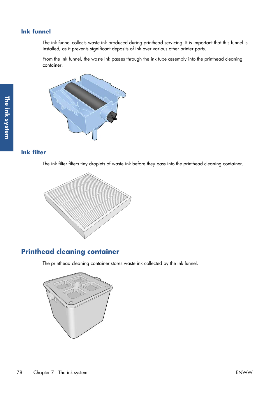 Ink funnel, Ink filter, Printhead cleaning container | HP Latex 210 Printer User Manual | Page 82 / 95