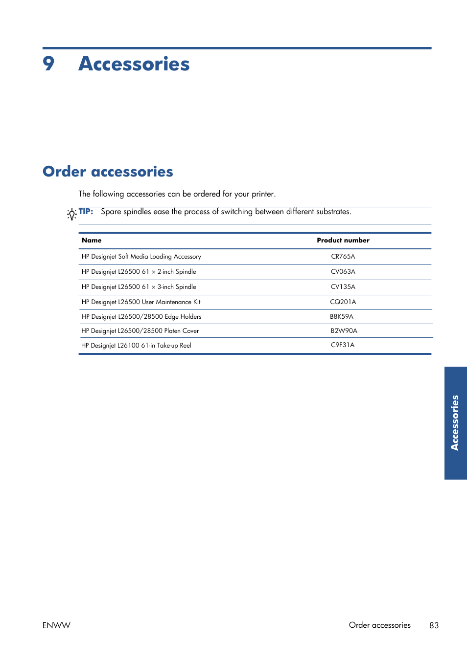 Accessories, Order accessories, 9 accessories | HP Latex 210 Printer User Manual | Page 87 / 95
