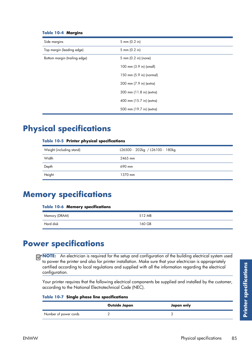 Physical specifications, Memory specifications, Power specifications | Prin ter specifications | HP Latex 210 Printer User Manual | Page 89 / 95