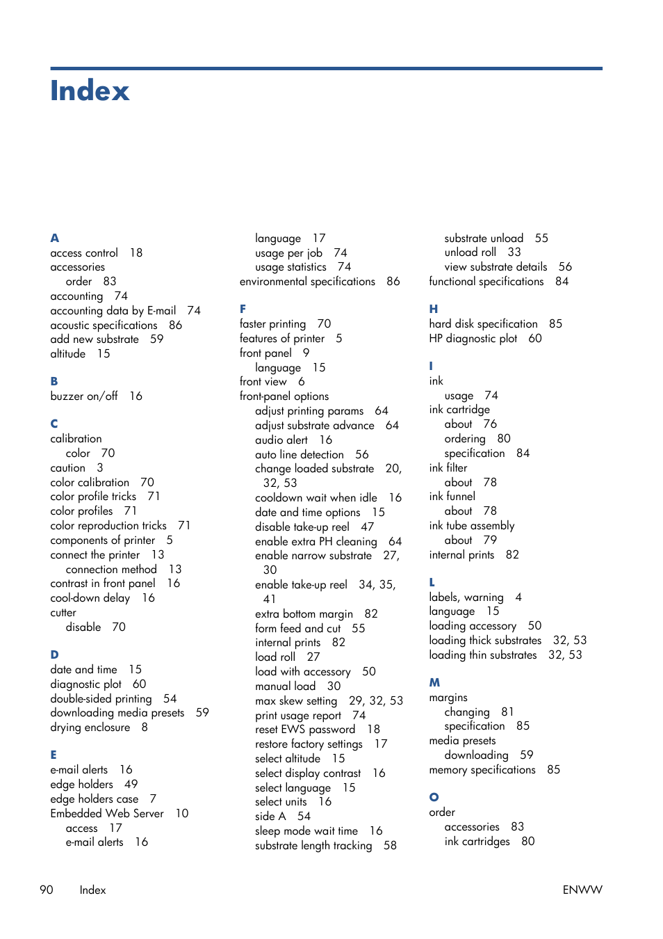 Index | HP Latex 210 Printer User Manual | Page 94 / 95