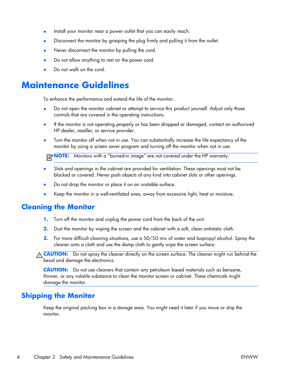 Maintenance guidelines, Cleaning the monitor, Shipping the monitor | Cleaning the monitor shipping the monitor | HP x2301 23-inch Diagonal Micro Thin LED Monitor User Manual | Page 10 / 34