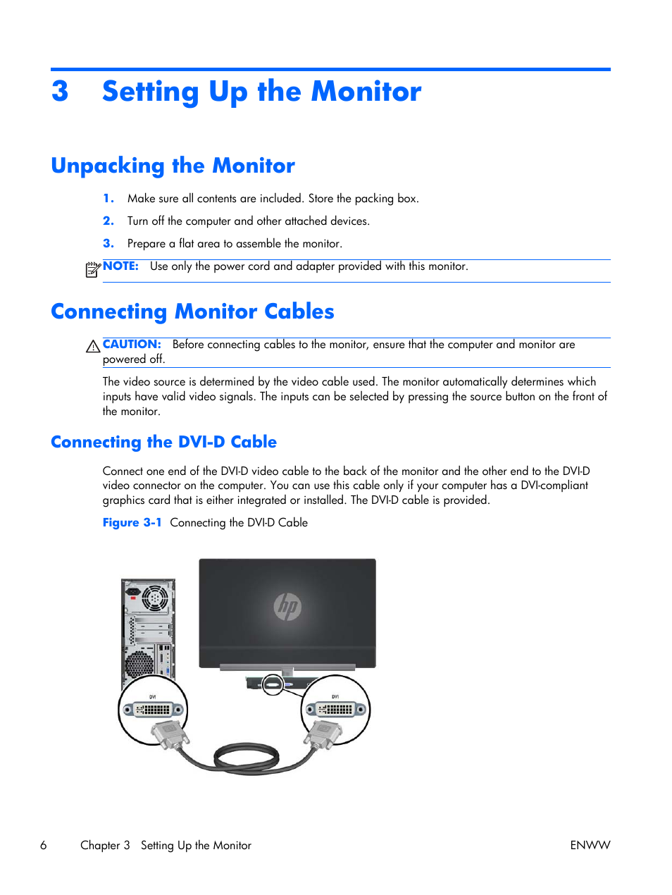 Setting up the monitor, Unpacking the monitor, Connecting monitor cables | Connecting the dvi-d cable, 3 setting up the monitor, Unpacking the monitor connecting monitor cables | HP x2301 23-inch Diagonal Micro Thin LED Monitor User Manual | Page 12 / 34