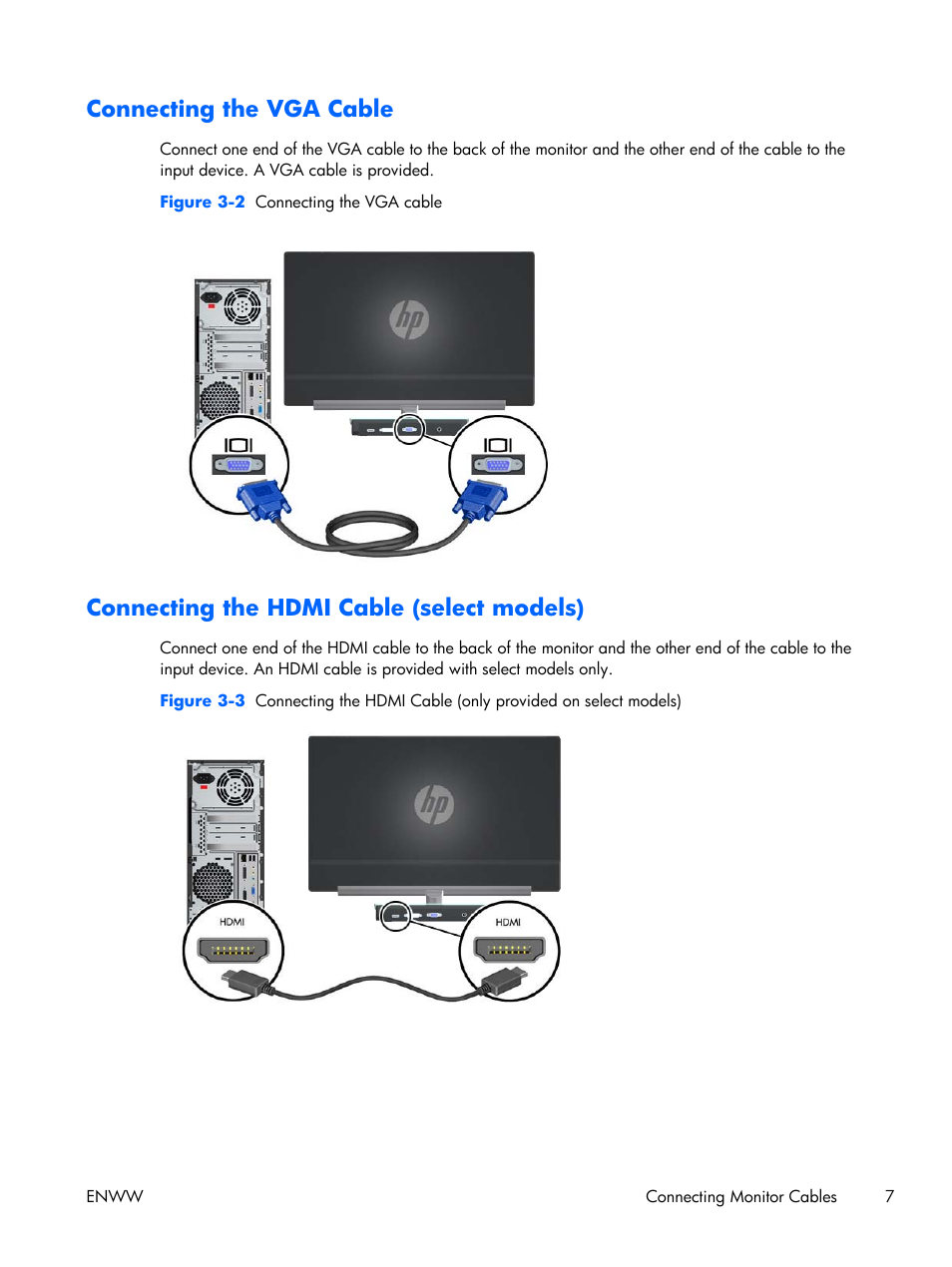 Connecting the vga cable, Connecting the hdmi cable (select models) | HP x2301 23-inch Diagonal Micro Thin LED Monitor User Manual | Page 13 / 34