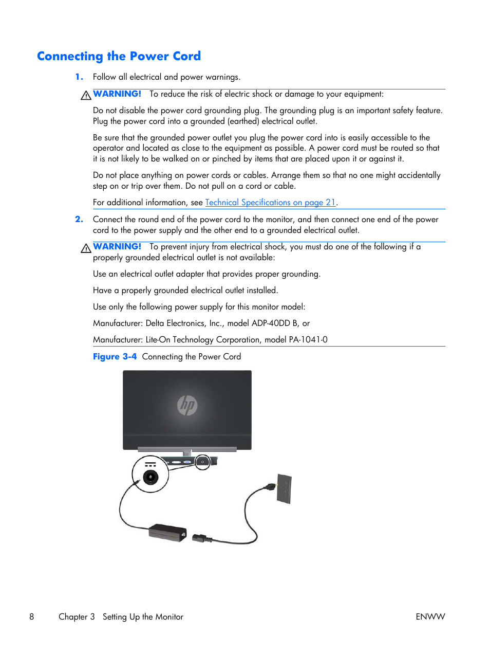 Connecting the power cord | HP x2301 23-inch Diagonal Micro Thin LED Monitor User Manual | Page 14 / 34