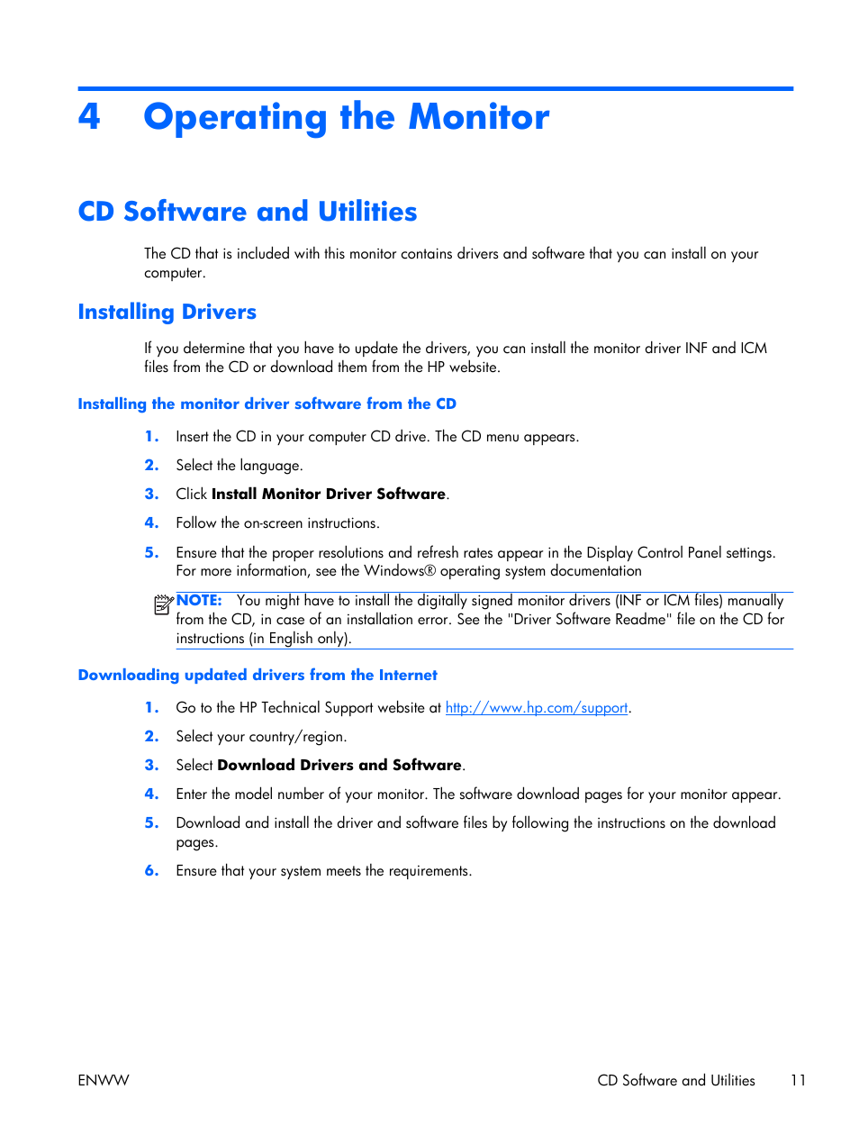 Operating the monitor, Cd software and utilities, Installing drivers | 4 operating the monitor | HP x2301 23-inch Diagonal Micro Thin LED Monitor User Manual | Page 17 / 34