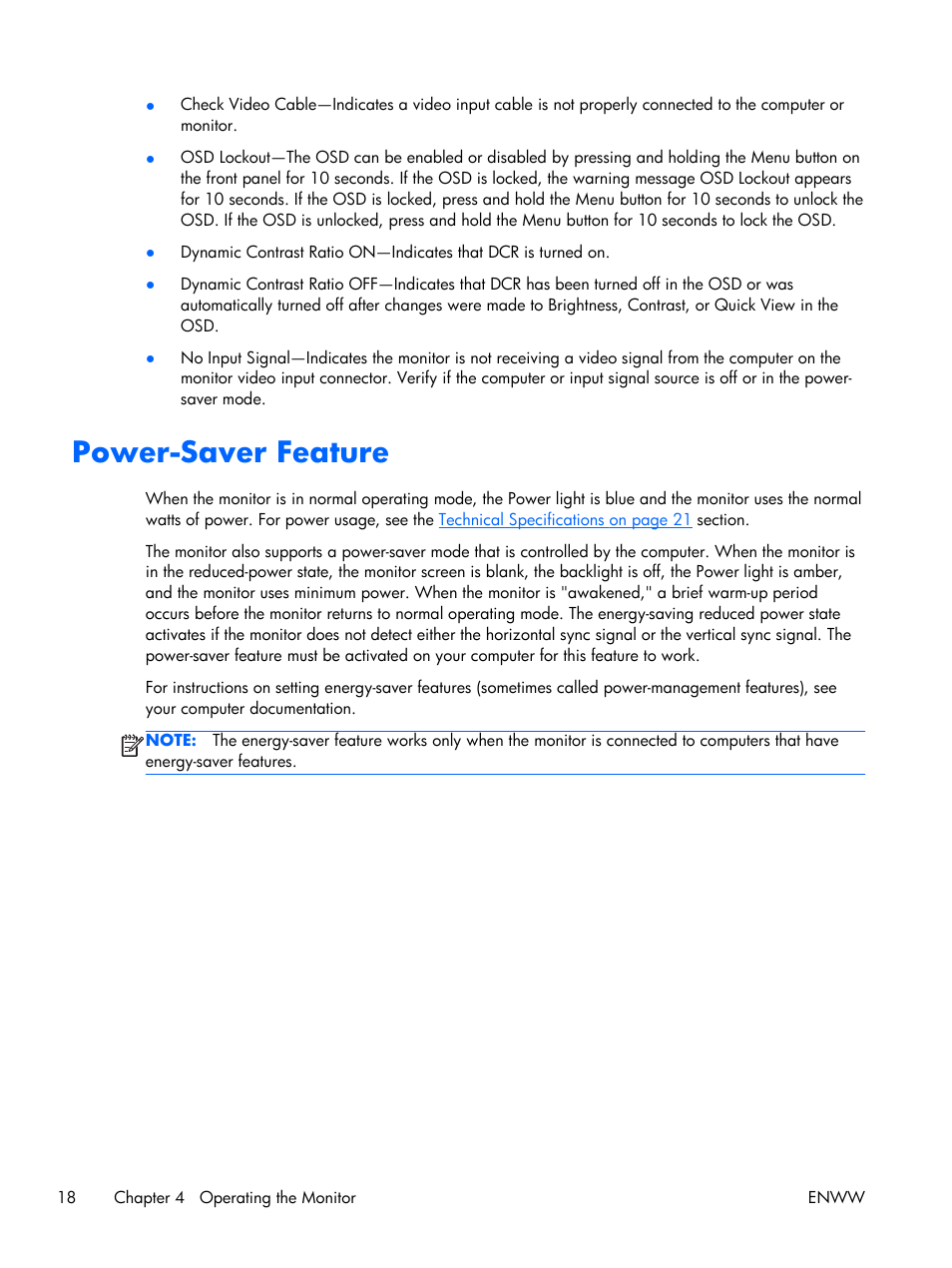 Power-saver feature | HP x2301 23-inch Diagonal Micro Thin LED Monitor User Manual | Page 24 / 34
