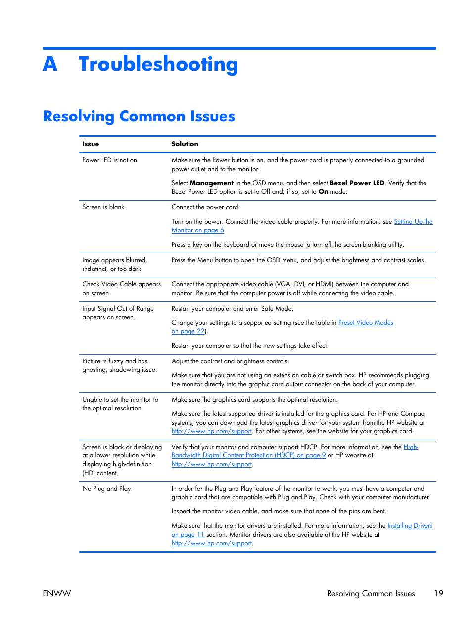 Troubleshooting, Resolving common issues, Appendix a troubleshooting | A troubleshooting | HP x2301 23-inch Diagonal Micro Thin LED Monitor User Manual | Page 25 / 34