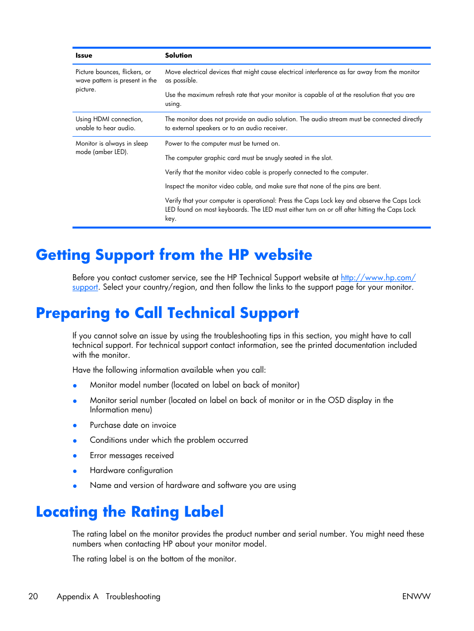 Getting support from the hp website, Preparing to call technical support, Locating the rating label | HP x2301 23-inch Diagonal Micro Thin LED Monitor User Manual | Page 26 / 34