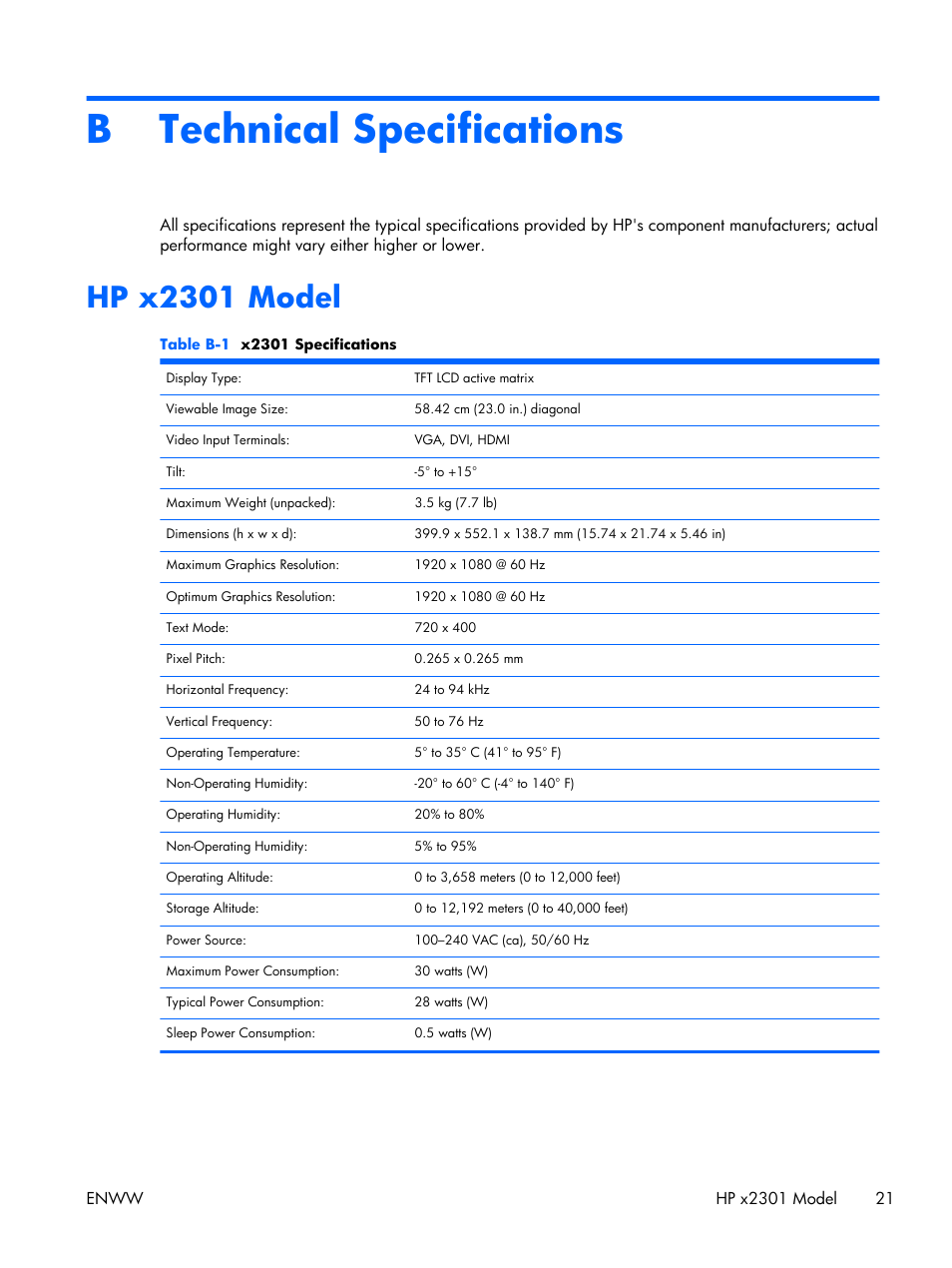 Technical specifications, Hp x2301 model, Appendix b technical specifications | B technical specifications | HP x2301 23-inch Diagonal Micro Thin LED Monitor User Manual | Page 27 / 34