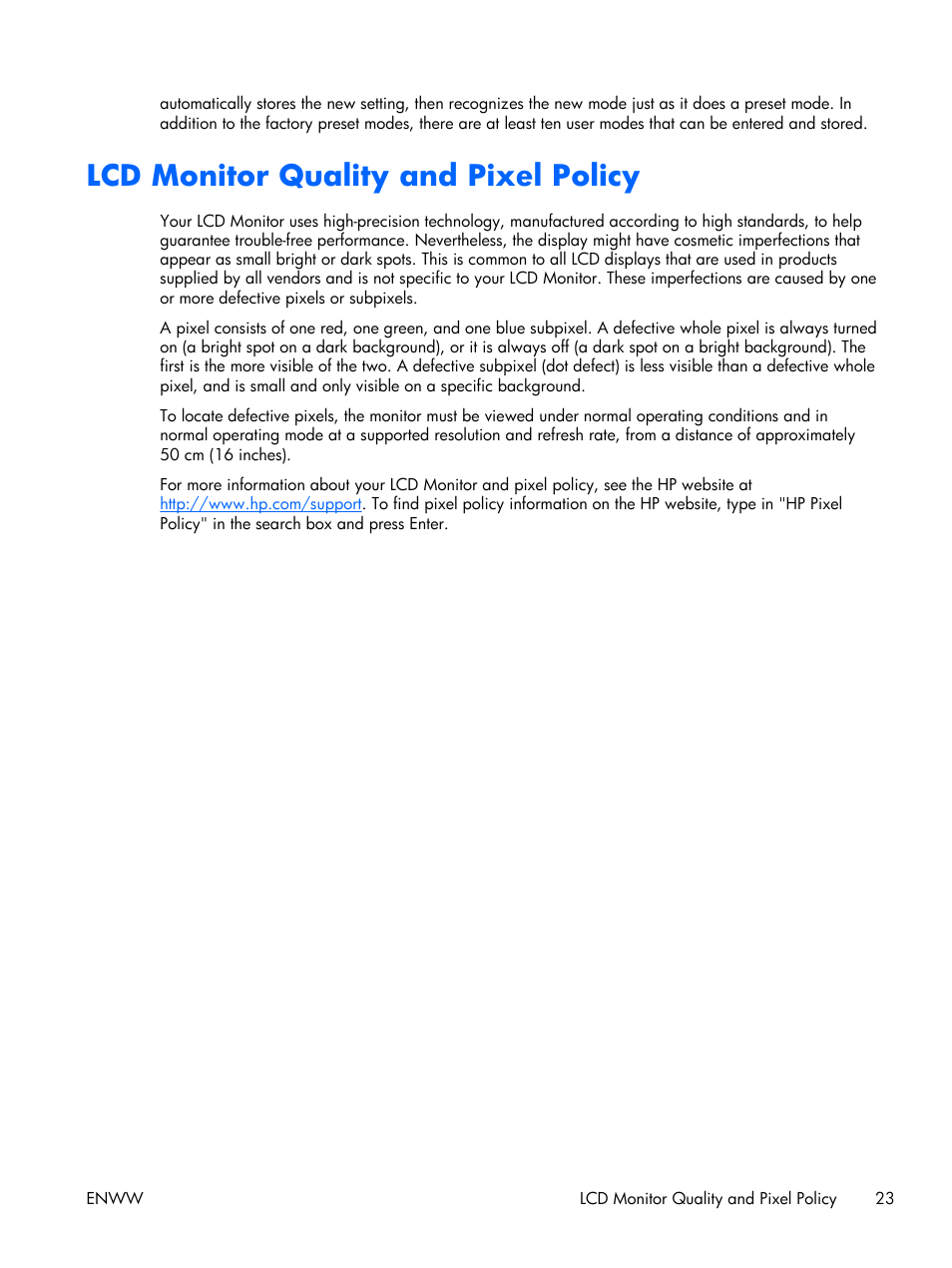 Lcd monitor quality and pixel policy | HP x2301 23-inch Diagonal Micro Thin LED Monitor User Manual | Page 29 / 34