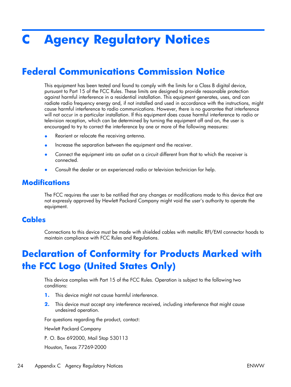 Agency regulatory notices, Federal communications commission notice, Modifications | Cables, Appendix c agency regulatory notices, Modifications cables, C agency regulatory notices | HP x2301 23-inch Diagonal Micro Thin LED Monitor User Manual | Page 30 / 34