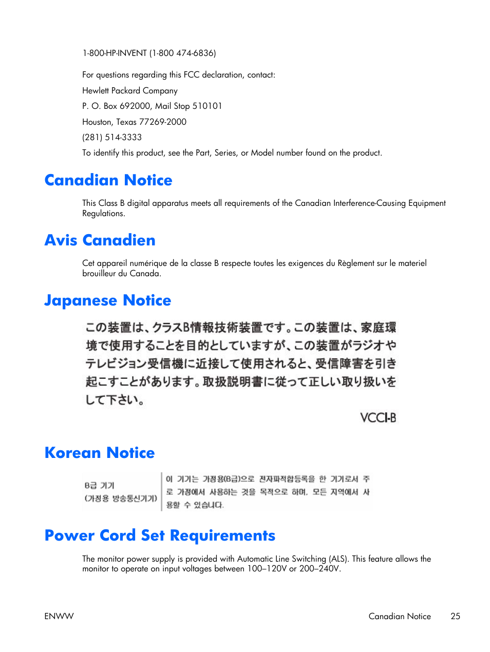 Canadian notice, Avis canadien, Japanese notice | Korean notice, Power cord set requirements | HP x2301 23-inch Diagonal Micro Thin LED Monitor User Manual | Page 31 / 34