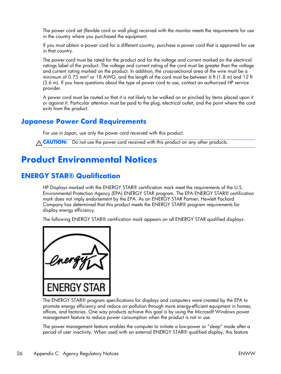 Japanese power cord requirements, Product environmental notices, Energy star® qualification | HP x2301 23-inch Diagonal Micro Thin LED Monitor User Manual | Page 32 / 34