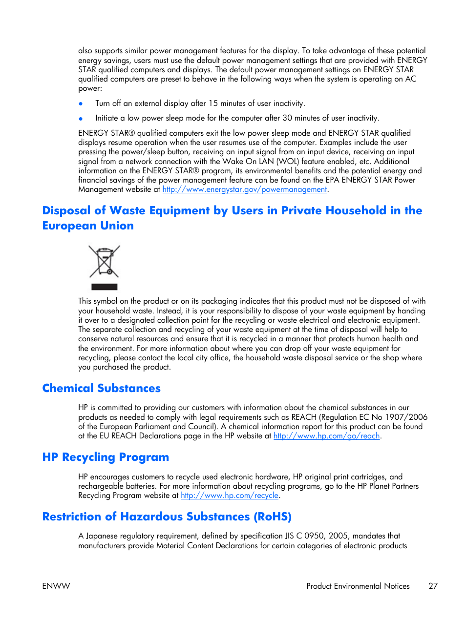Chemical substances, Hp recycling program, Restriction of hazardous substances (rohs) | HP x2301 23-inch Diagonal Micro Thin LED Monitor User Manual | Page 33 / 34
