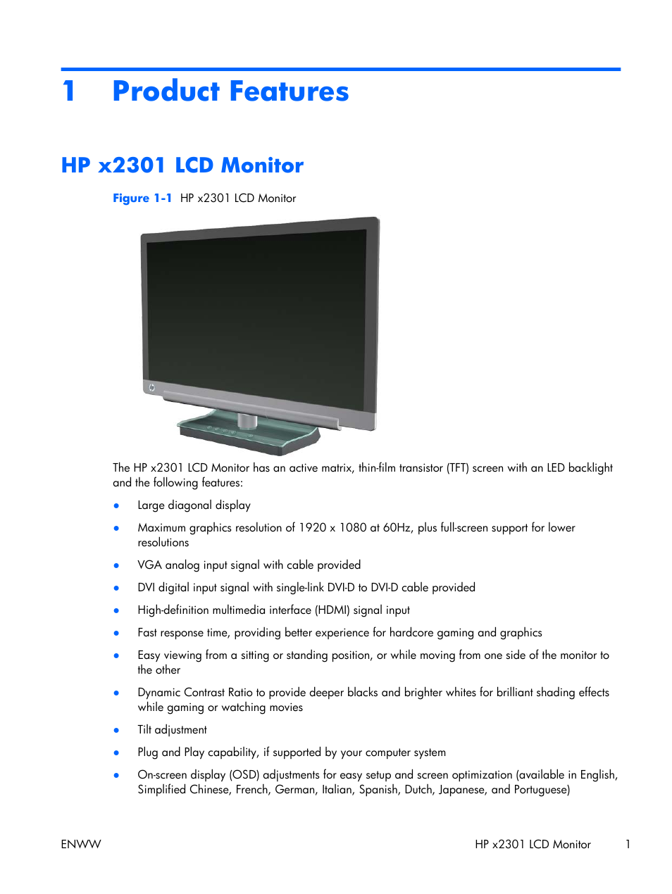 Product features, Hp x2301 lcd monitor, 1 product features | HP x2301 23-inch Diagonal Micro Thin LED Monitor User Manual | Page 7 / 34