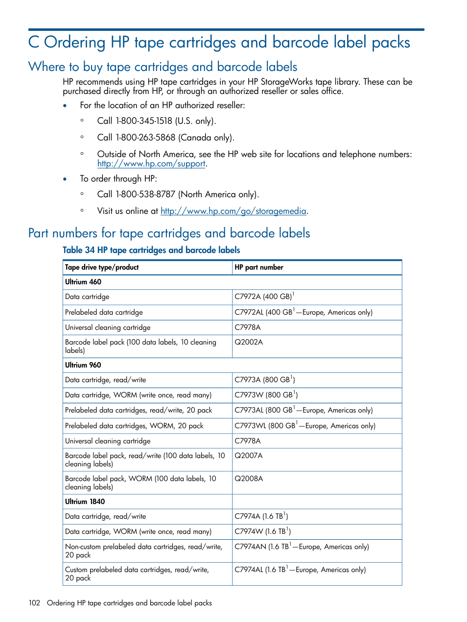 Where to buy tape cartridges and barcode labels | HP EML E-series Tape Libraries User Manual | Page 102 / 112