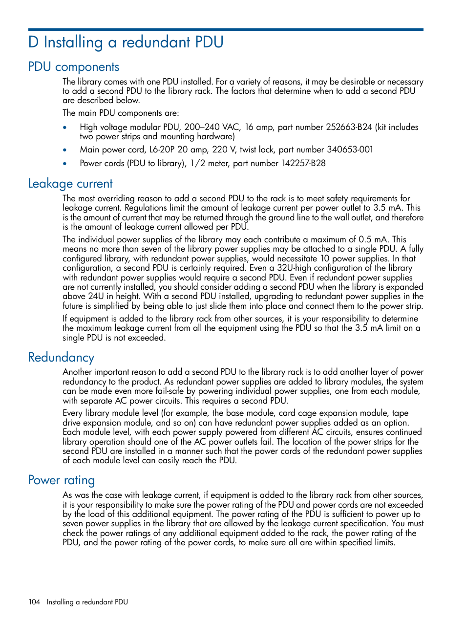 D installing a redundant pdu, Pdu components, Leakage current | Redundancy, Power rating | HP EML E-series Tape Libraries User Manual | Page 104 / 112
