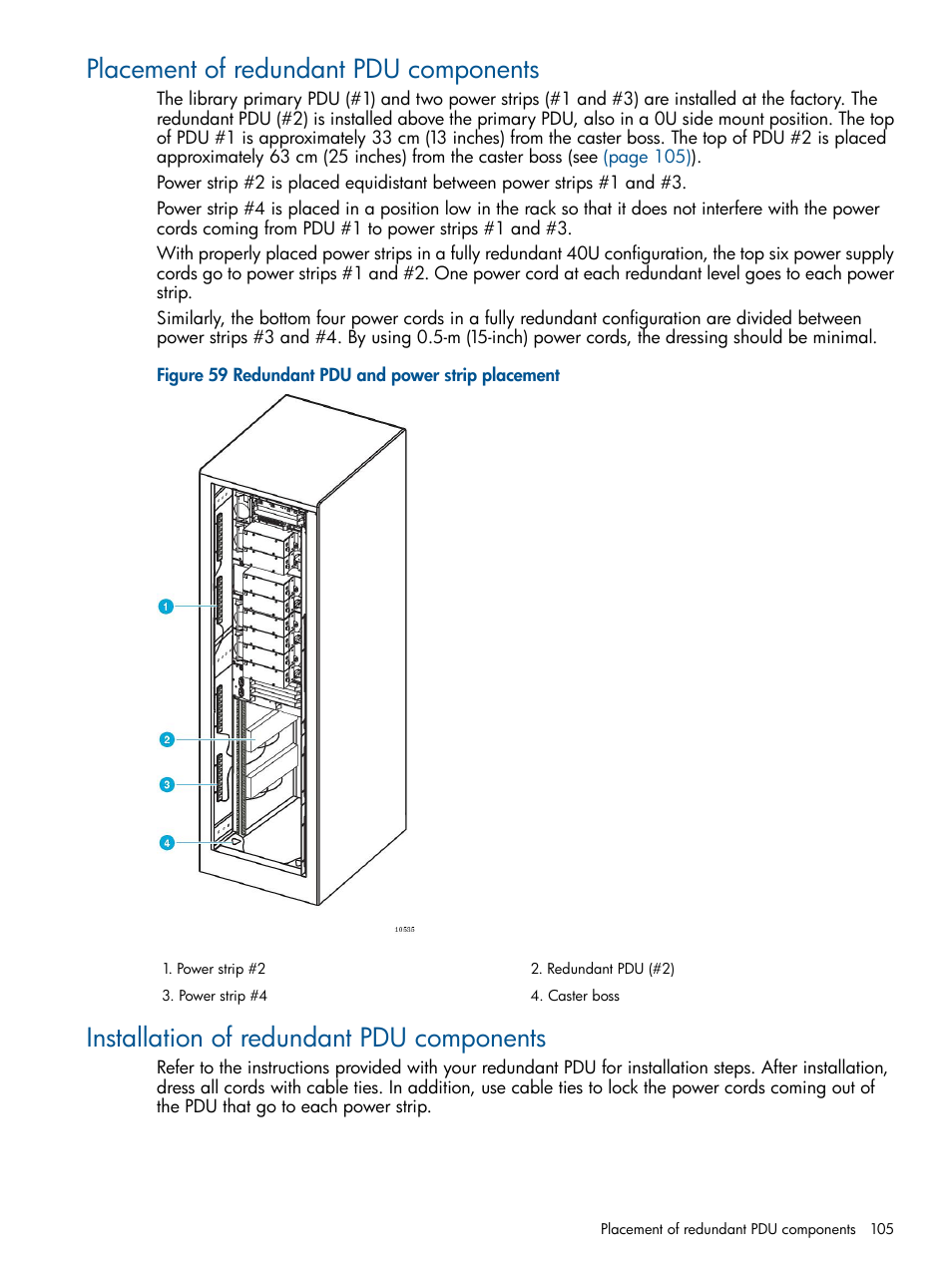 Placement of redundant pdu components, Installation of redundant pdu components | HP EML E-series Tape Libraries User Manual | Page 105 / 112